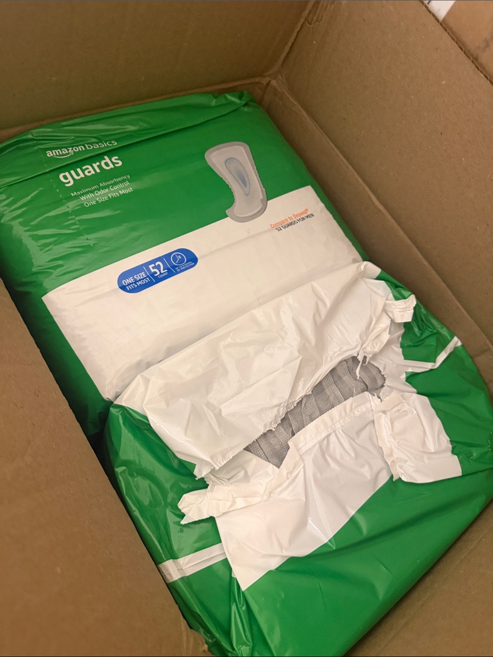 Amazon Basics Men's Incontinence Guards, Maximum Absorbency, 104 Count, open